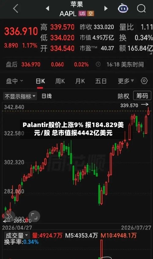 Palantir股价上涨9% 报184.829美元/股 总市值报4442亿美元