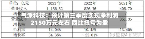气派科技：预计第三季度实现净利润2150万元左右 同比扭亏为盈